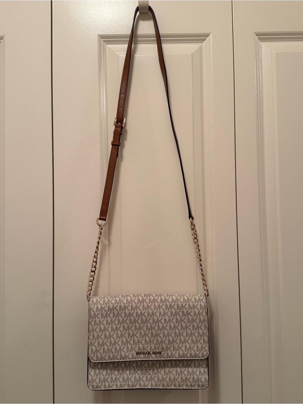 Michael Kors White and Tan MK Logo Crossbody